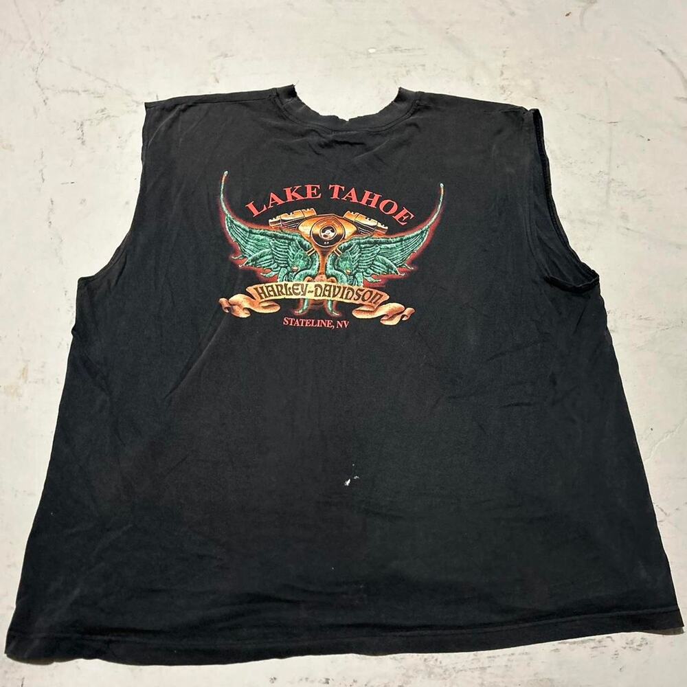 Vintage Harley Davidson Lake Tahoe Stateline Nevada Cutoff T-Shirt - Black